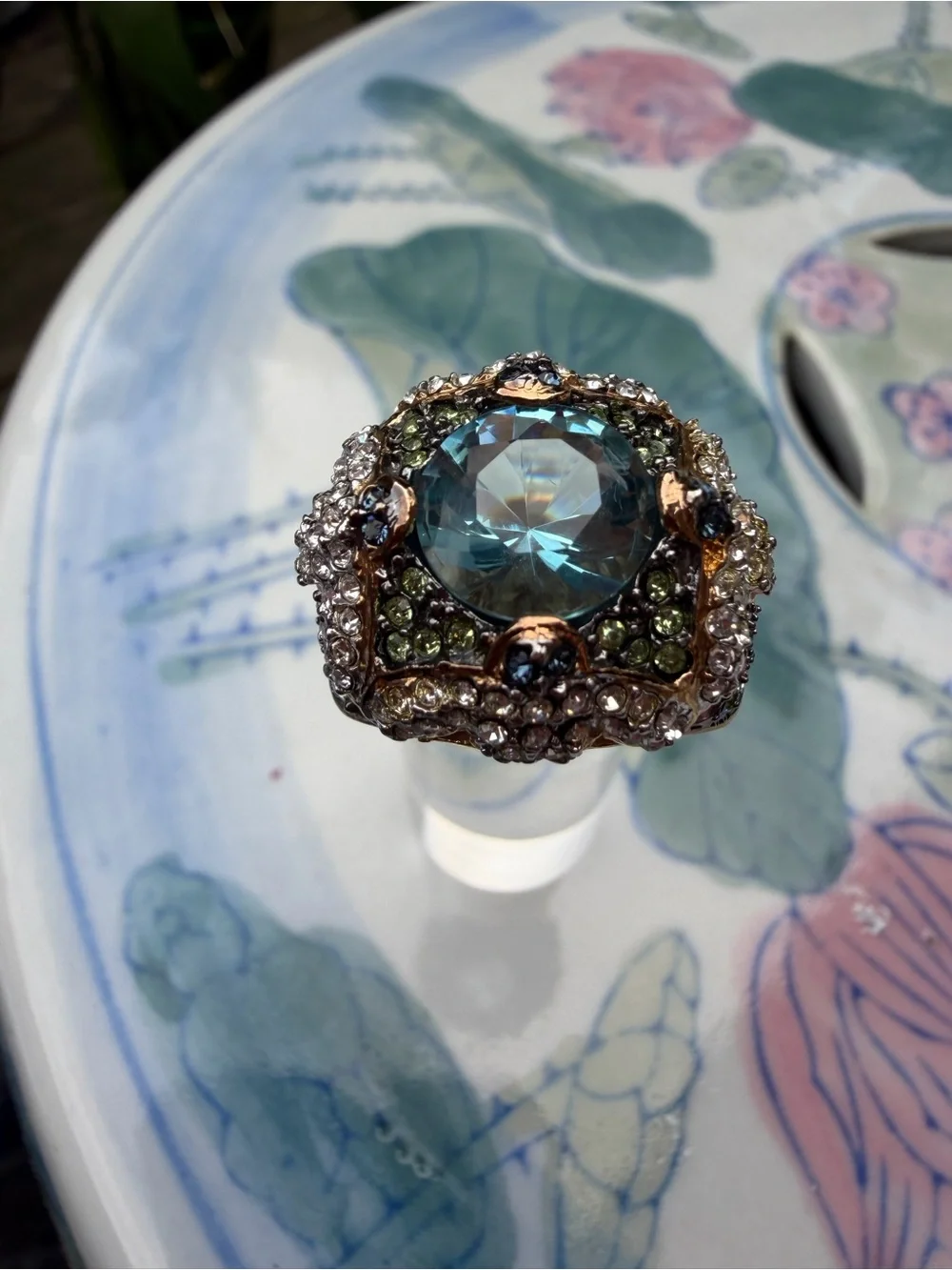 Exotic Blue-Green Crystal Cocktail Ring - Ornate Floral Design *Size 5 & 7